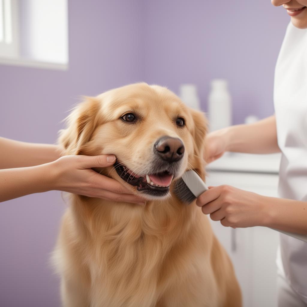 A gentle groomer caring for a happy golden retriever